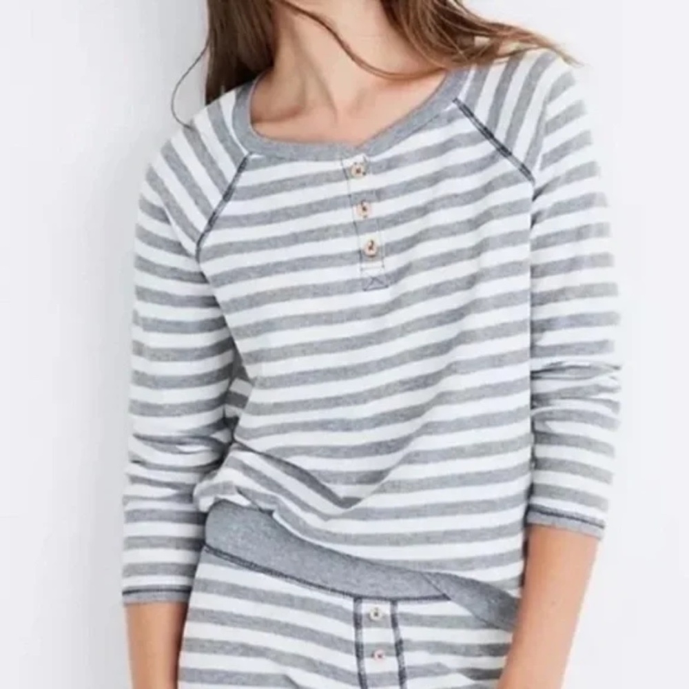 Madewell Cream & Gray Striped Waffle Henley Pajama / PJ Long Sleeve Top [Small]